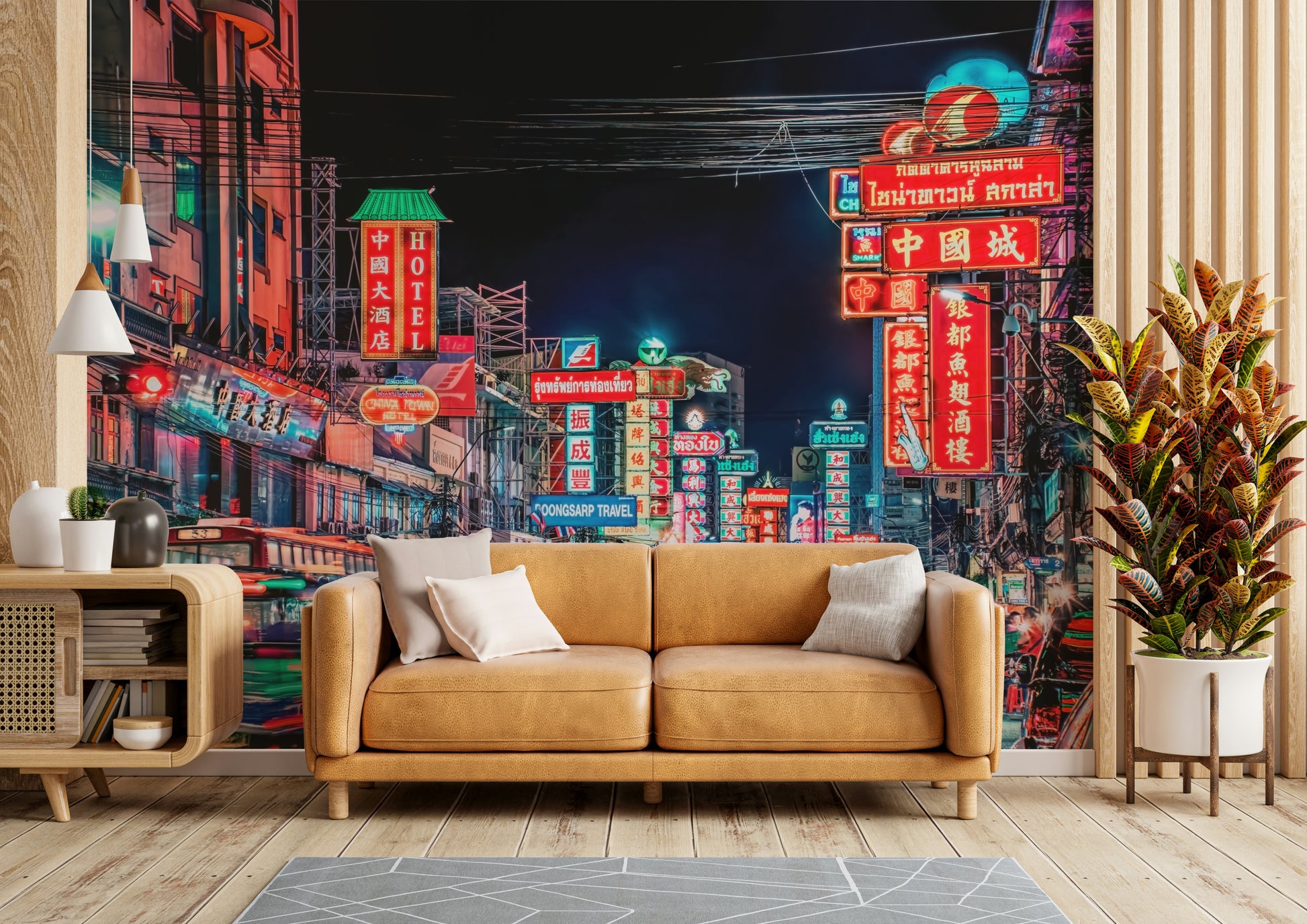 Taxi rides under neon lights in Bangkok

