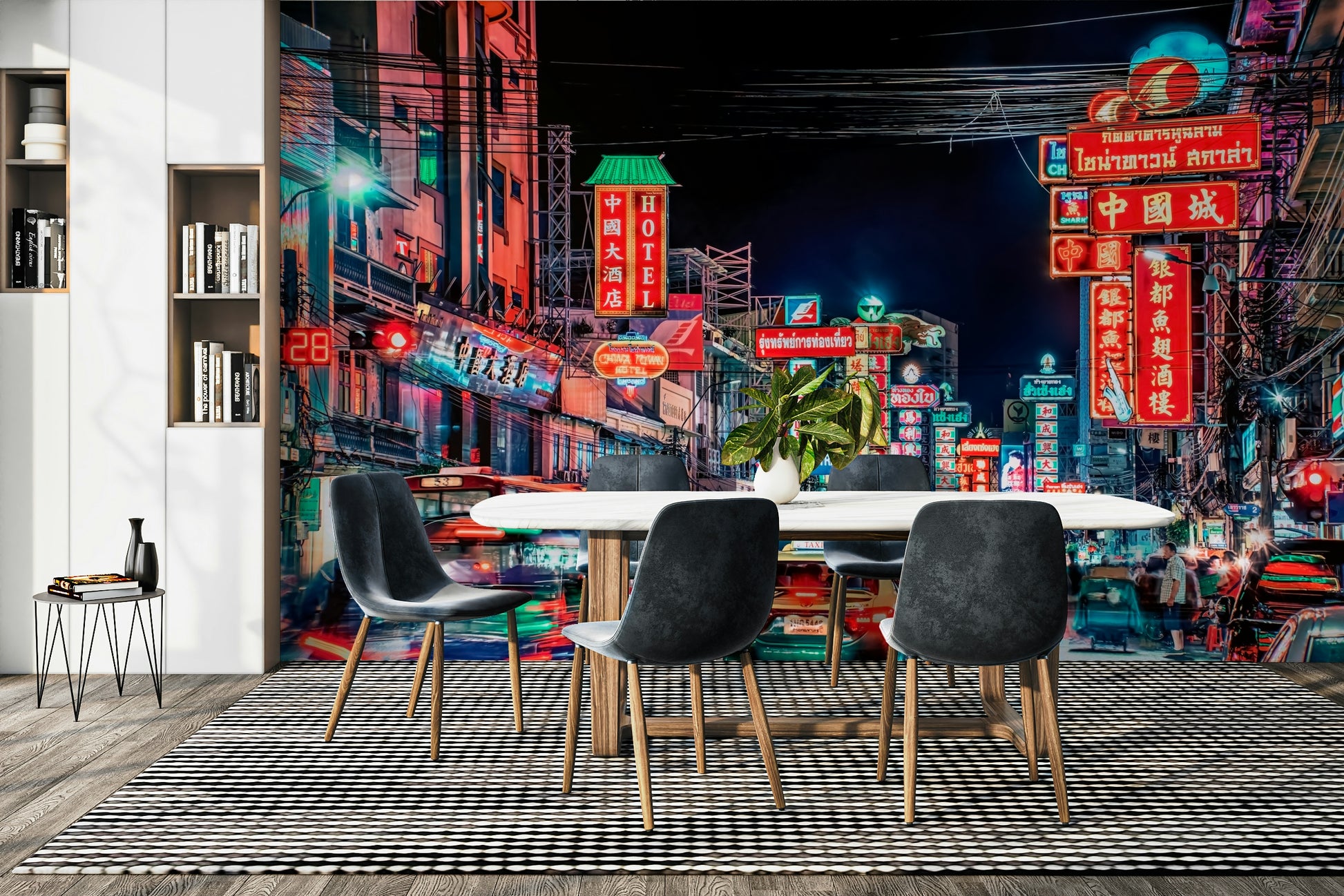 Bangkok city buzz with glowing street signs

