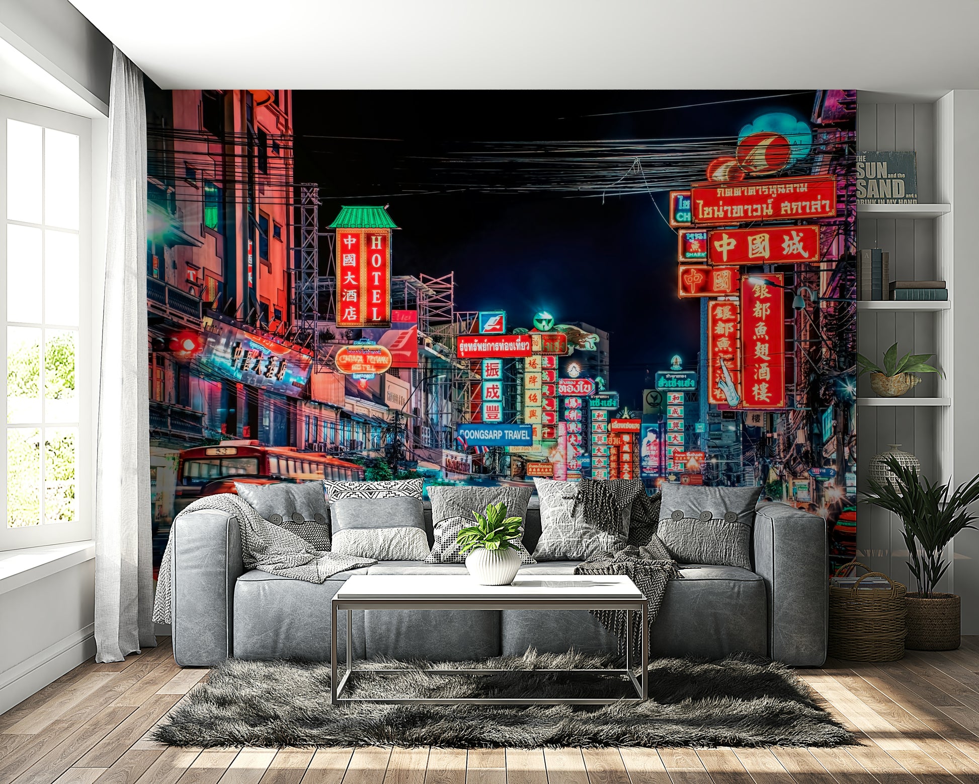 Busy Bangkok road with lit-up buildings

