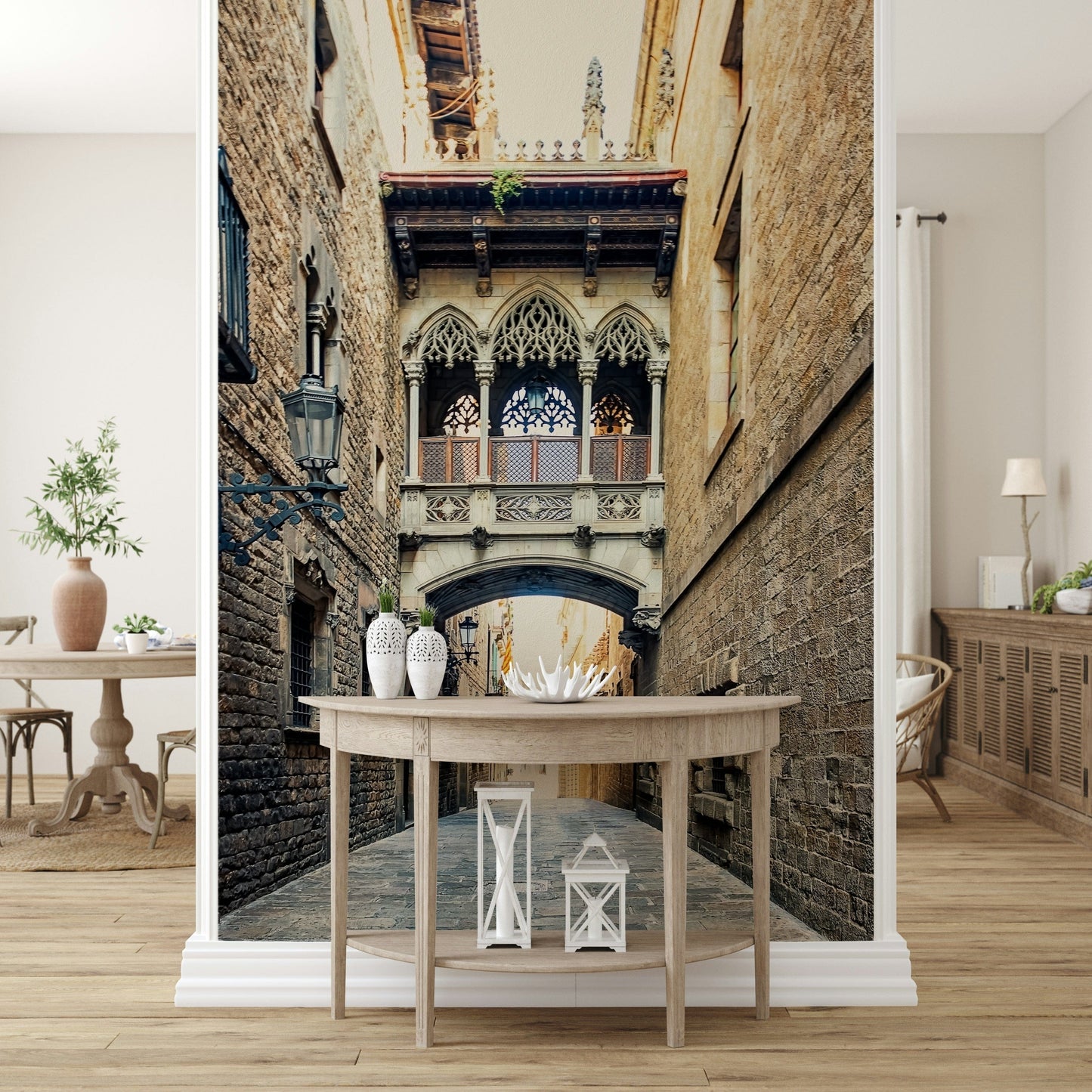 Narrow alley Gothic Quarter Archway wall covering Spain architecture.