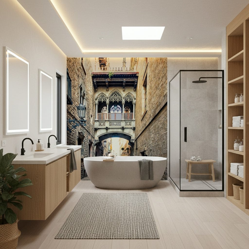 Stone arch Gothic Quarter Archway design, old city wallpaper for walls.