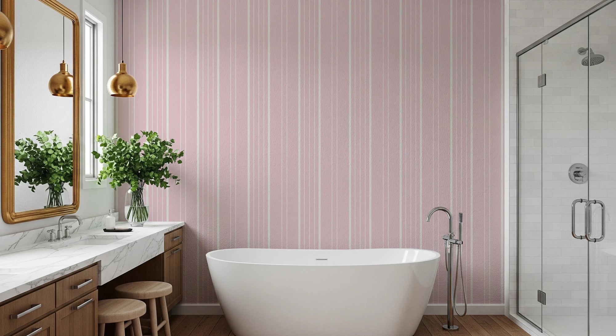 Barely Blush Stripes wallpaper with cream lines behind a freestanding tub and marble vanity in a soft pink bathroom