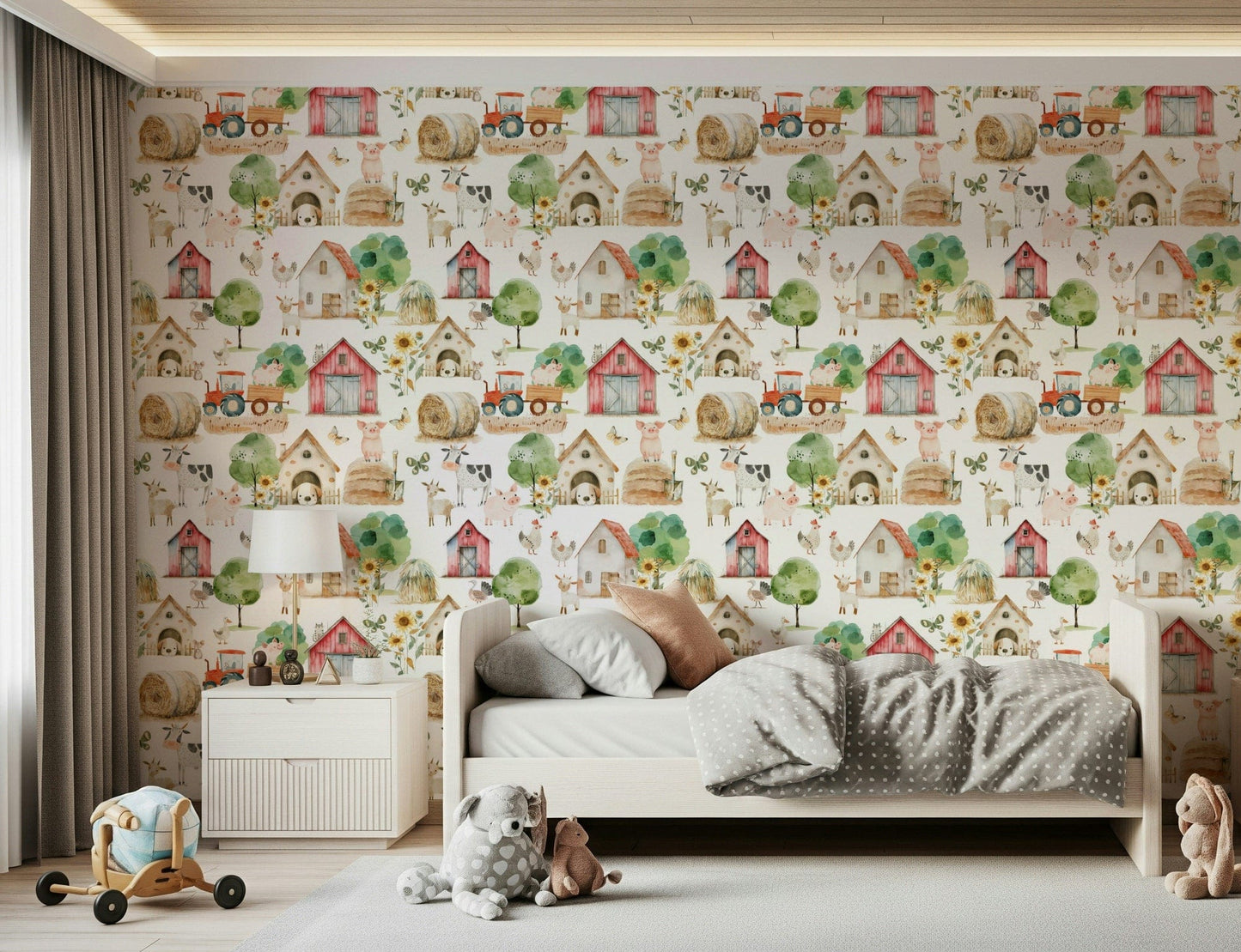 Artistic Barnyard Buddies wallpaper for kids, playful farm theme, bright green meadow.