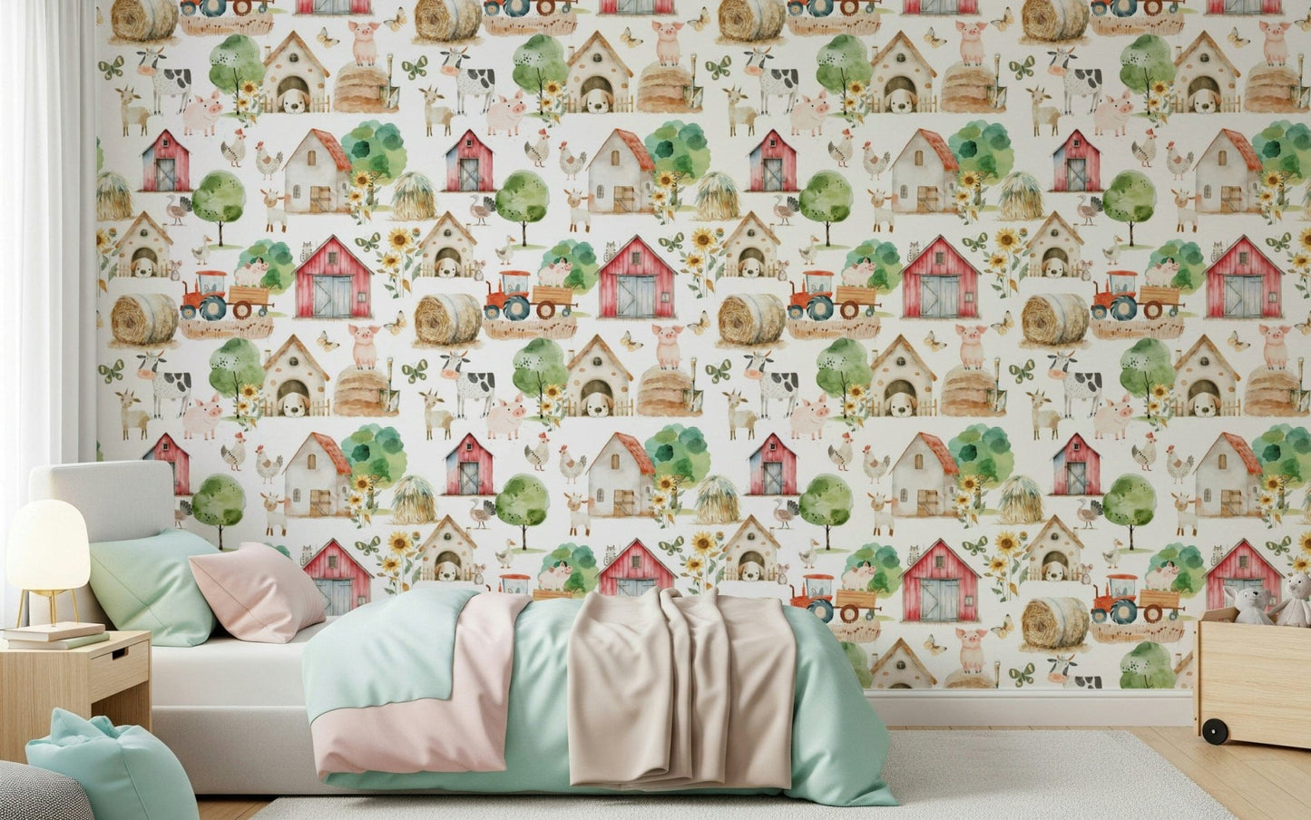 Colorful Barnyard Buddies wallpaper design, nature inspired, adorable animal collection.