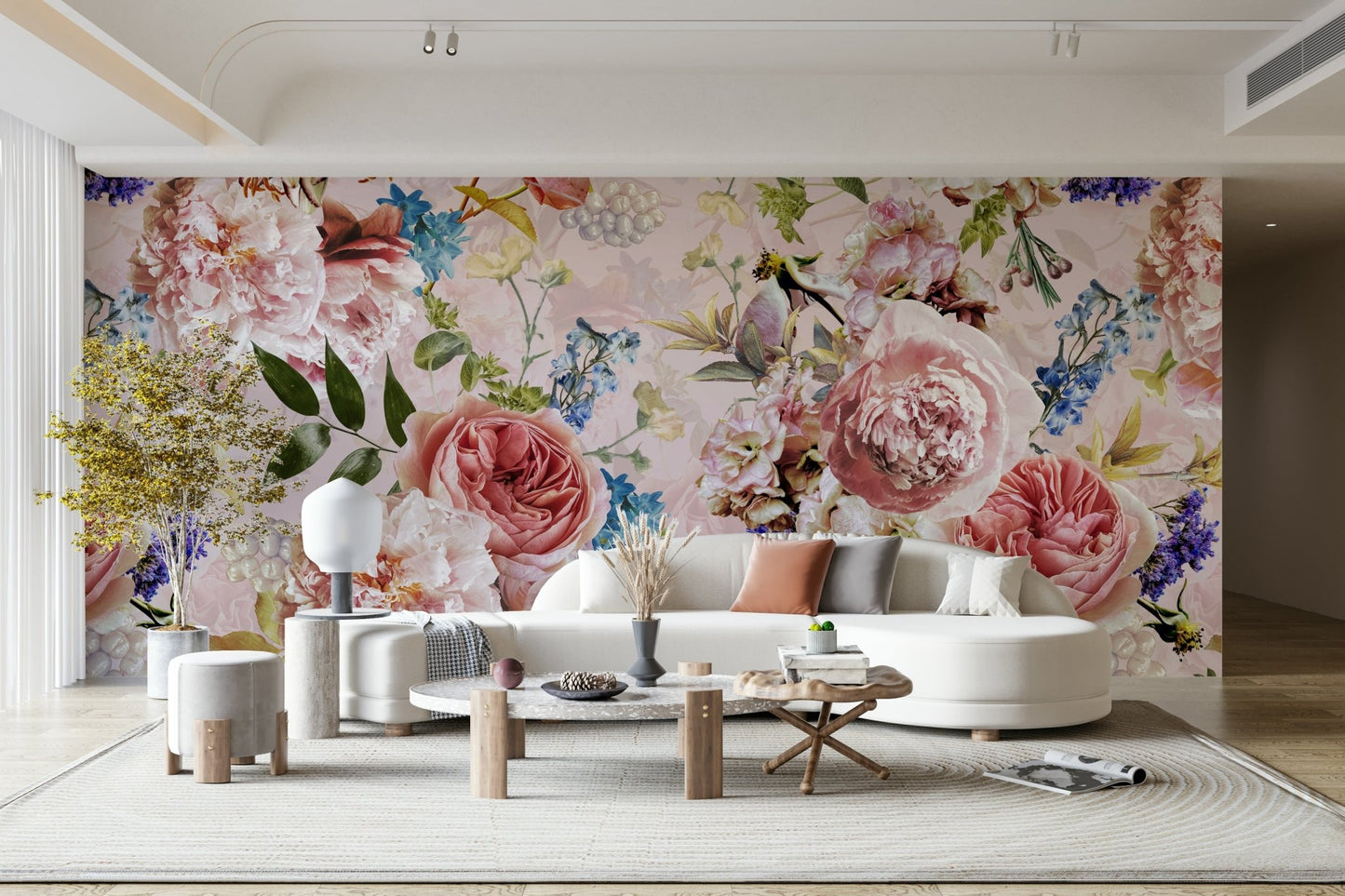 A wall mural featuring a bold, artistic floral pattern.

