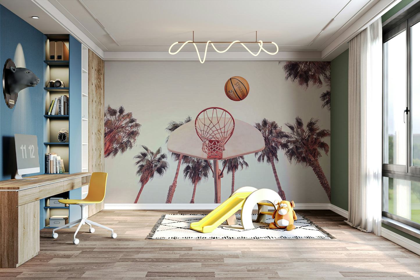 Dynamic basketball mural with game energy

