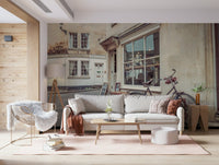Hallway feature wall with bicycle street mural, warm neutral tones and classic city style wall decor