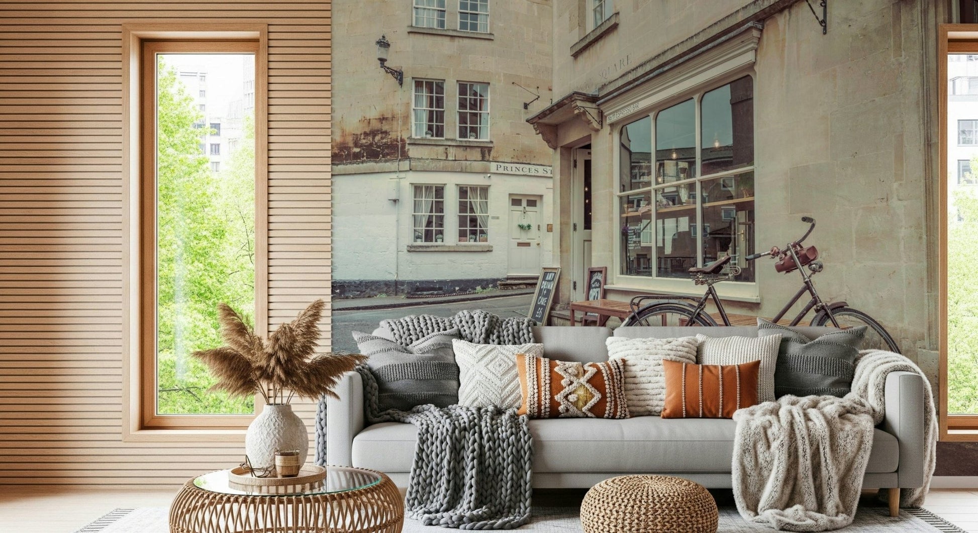 Bicycle stroll city mural in home office, calm street view wallpaper for a modern feature wall
