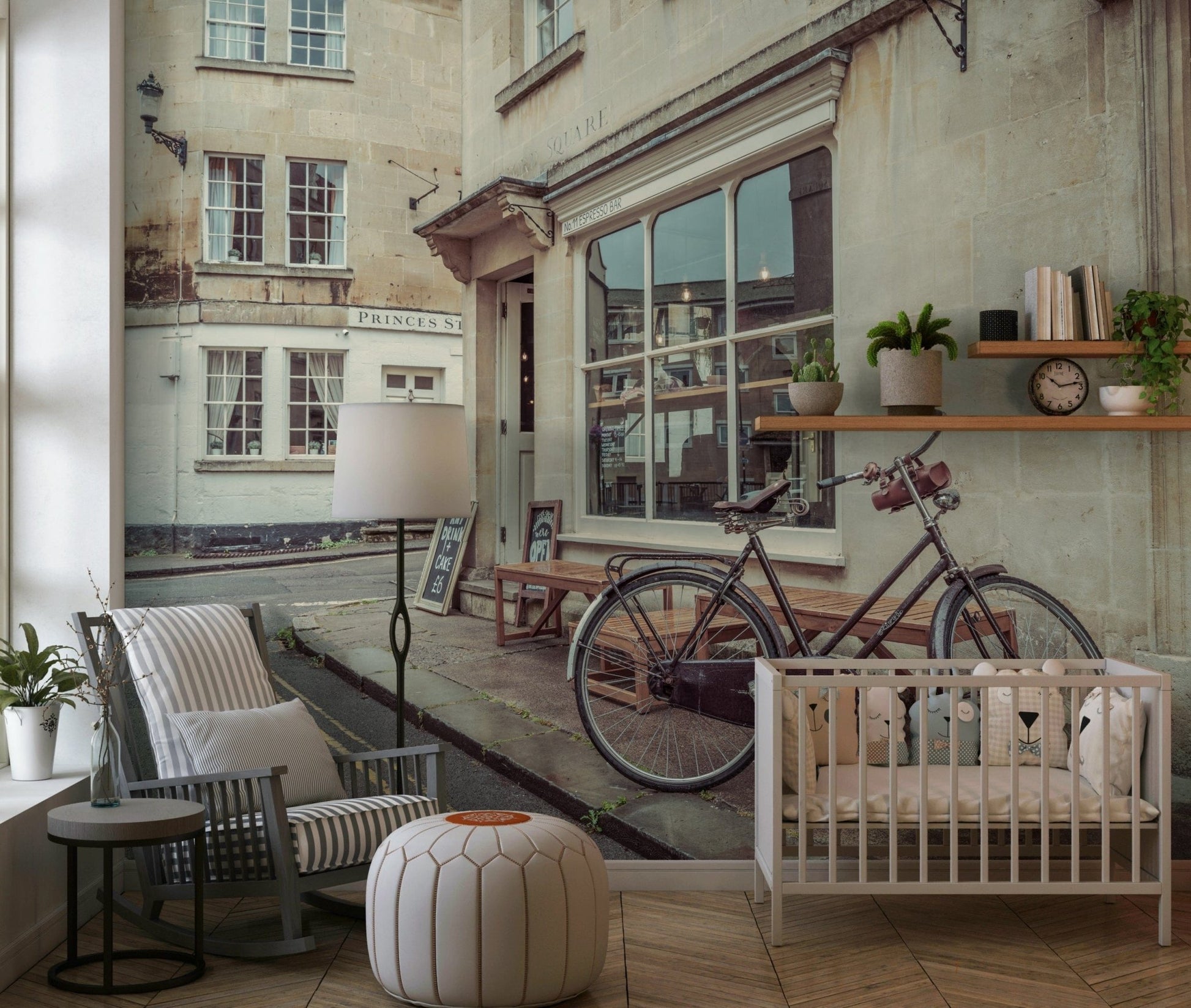 Vintage bicycle wall mural behind sofa in apartment lounge, travel-inspired wall decor in soft colors