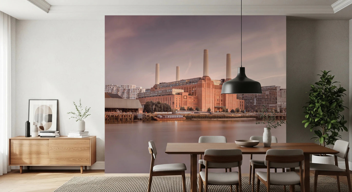 Brick architecture and chimneys in a sharp Battersea Power Station mural.