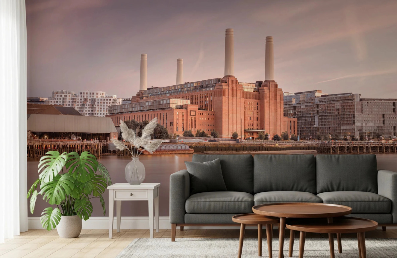 Battersea Power Station office wall mural showing sunset industrial architecture.