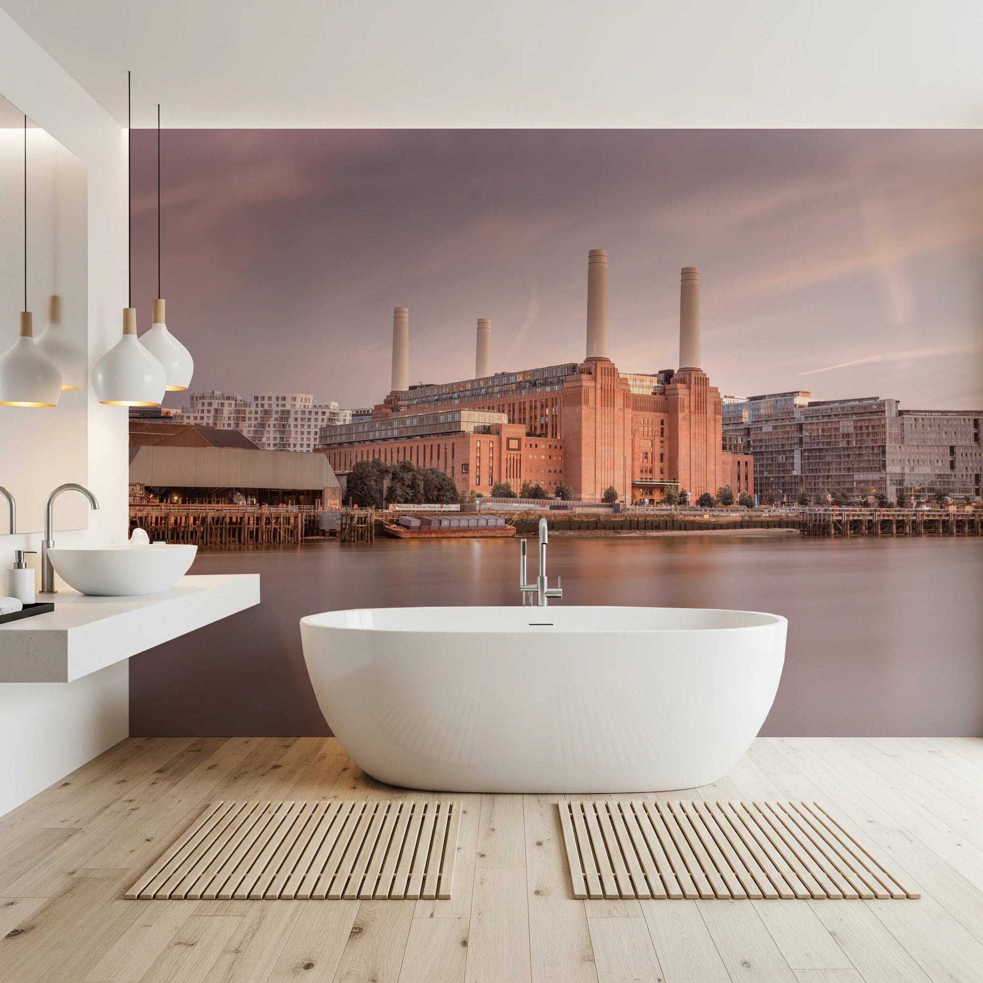 Detailed Battersea Power Station mural featuring four tall chimneys.