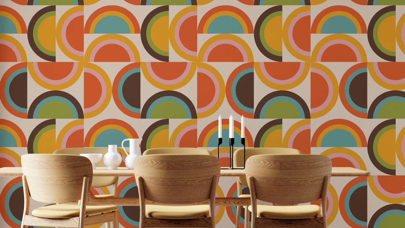 Retro boho geometric wallpaper with vibrant hues
