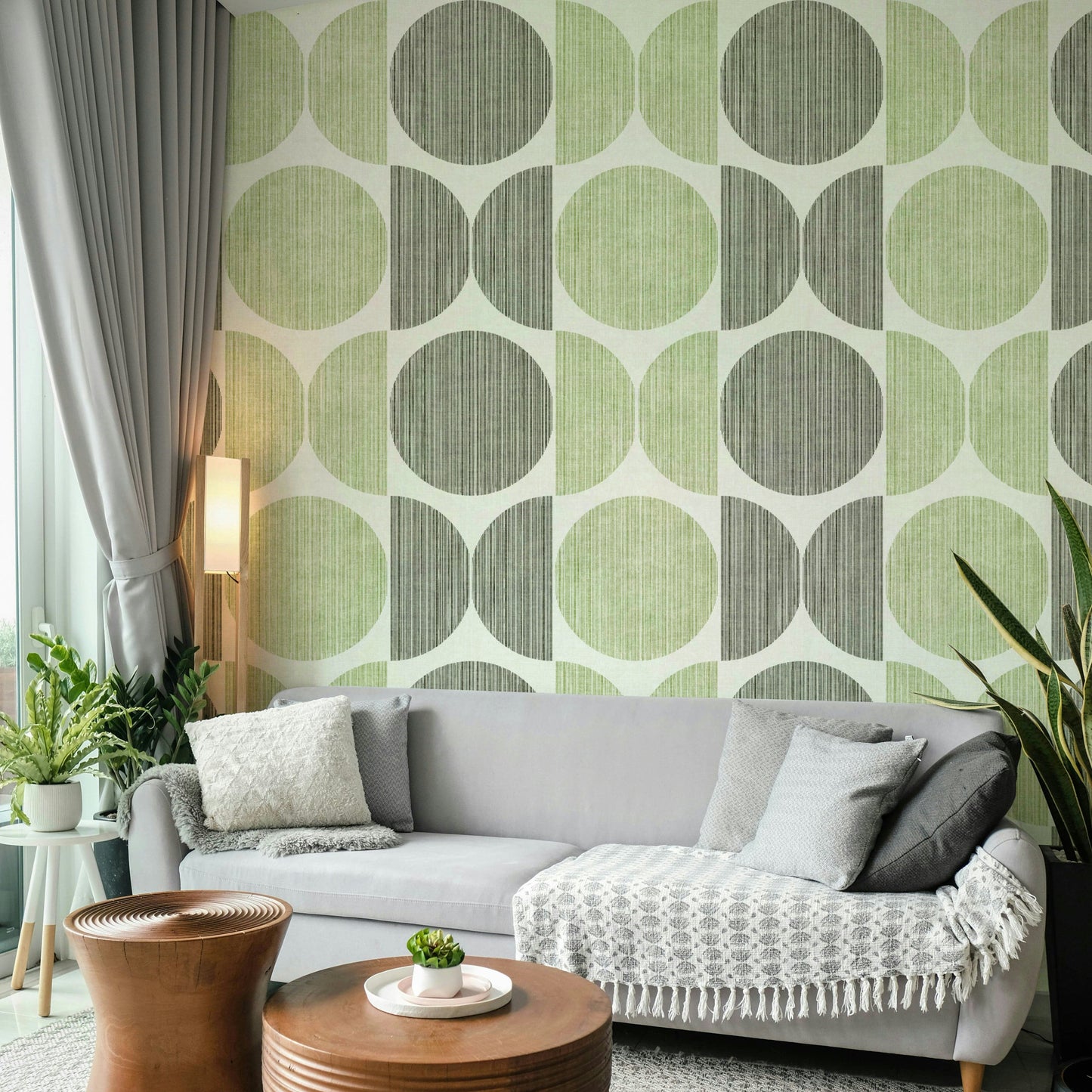 A beautiful Japandi geometric wall mural for a living room.

