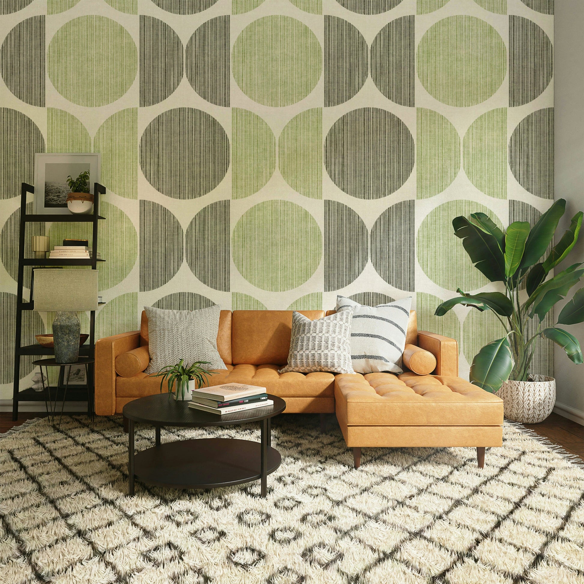 A beautiful Bauhaus circle wallpaper mural for a Japandi room.


