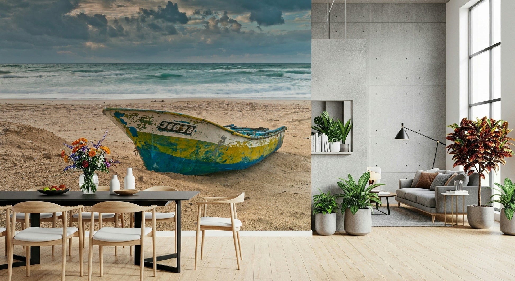Fishing Vessel Mural Simple small boat waiting on the beach under dark clouds.