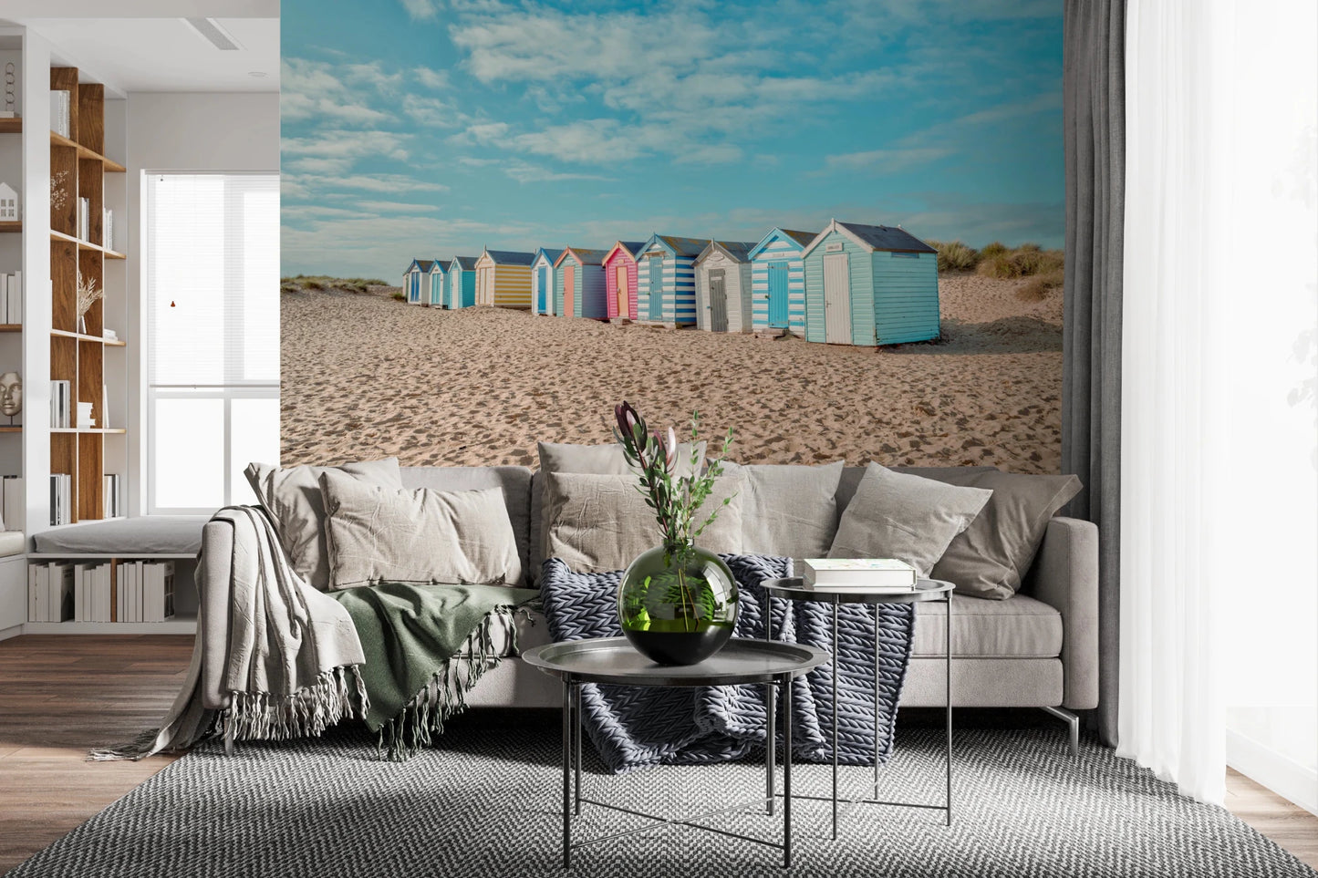 Bright summer coast wall mural featuring sandy beach dunes for a hallway.
