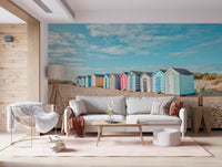 Beach Huts on the Shore Wall Mural with green dune grass.