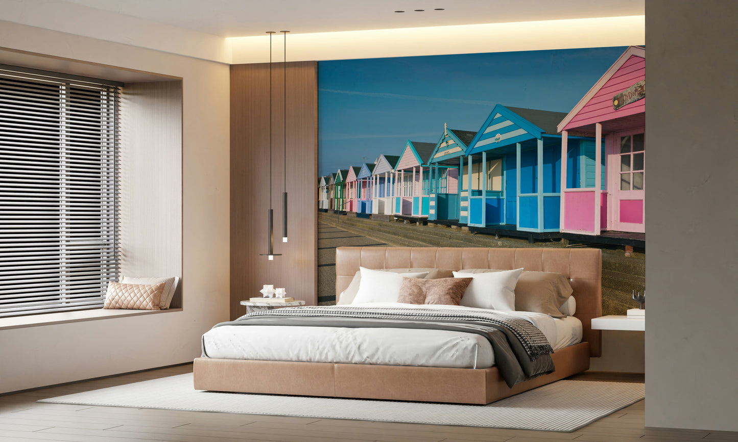 Quirky Vibrant Seaside Vibe wall art, British beach shacks.