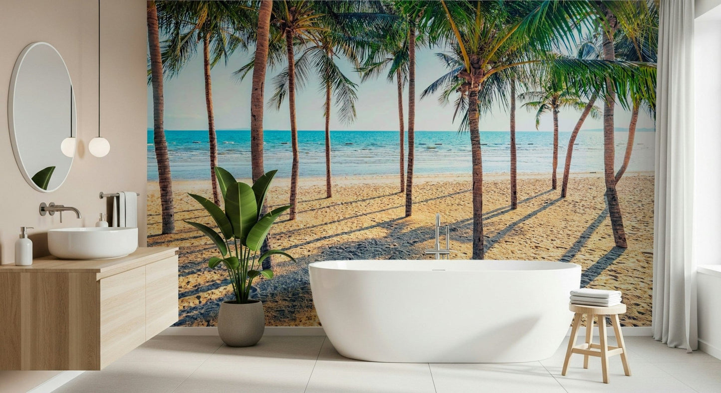 Tropical vacation vibes Beach Palm Paradise wallpaper mural design.
