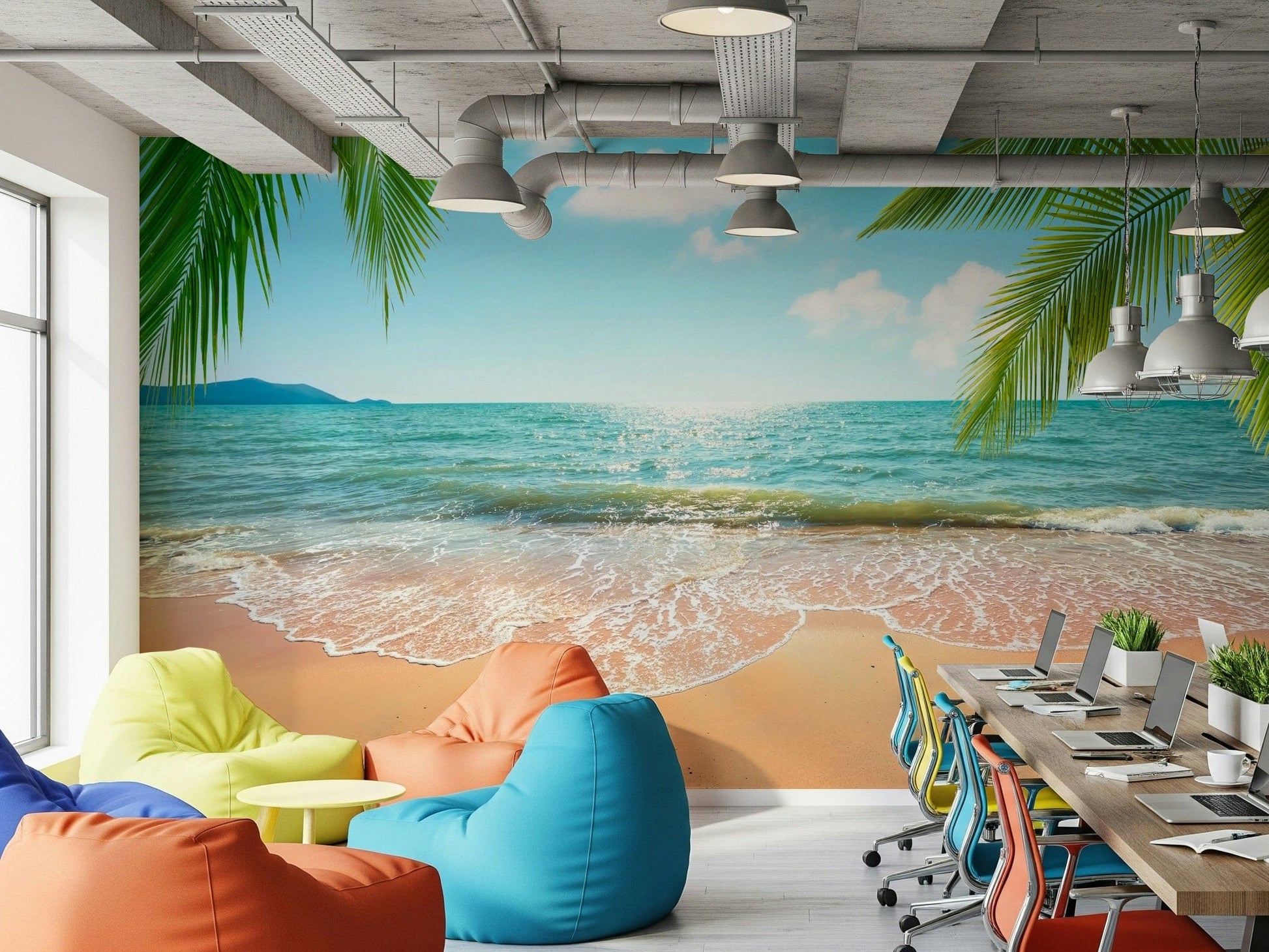Sunny Beachside Bliss wall covering, foamy waves, distant mountain, stylish look.