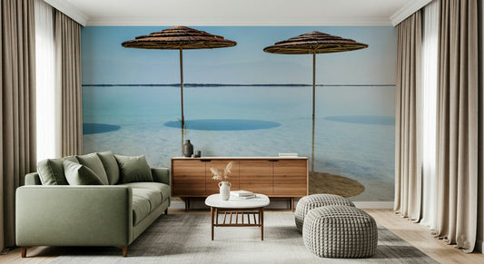 Peel and stick Beach Parasols on salty beach wall decor clear sky