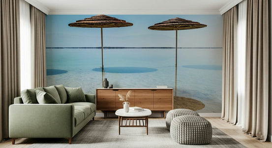 Peel and stick Beach Parasols on salty beach wall decor clear sky