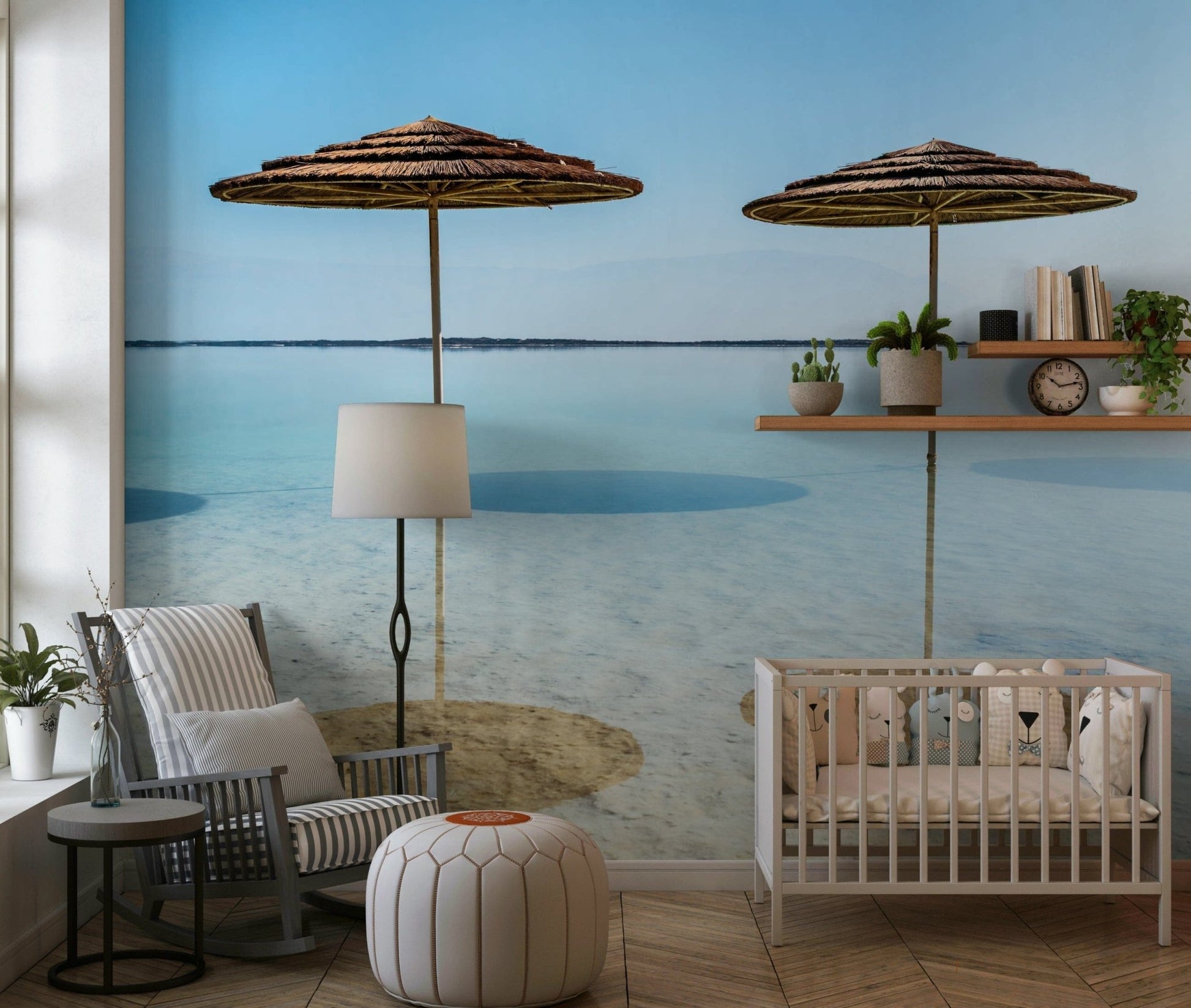 Relaxing Beach Parasols peel and stick ocean view interior design feature