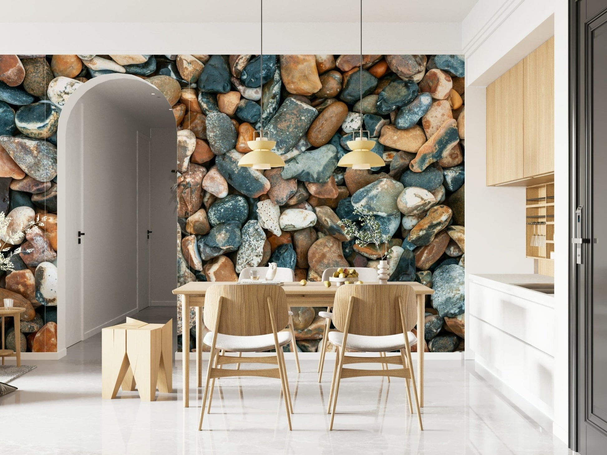 Pebble pattern wall mural in dining space