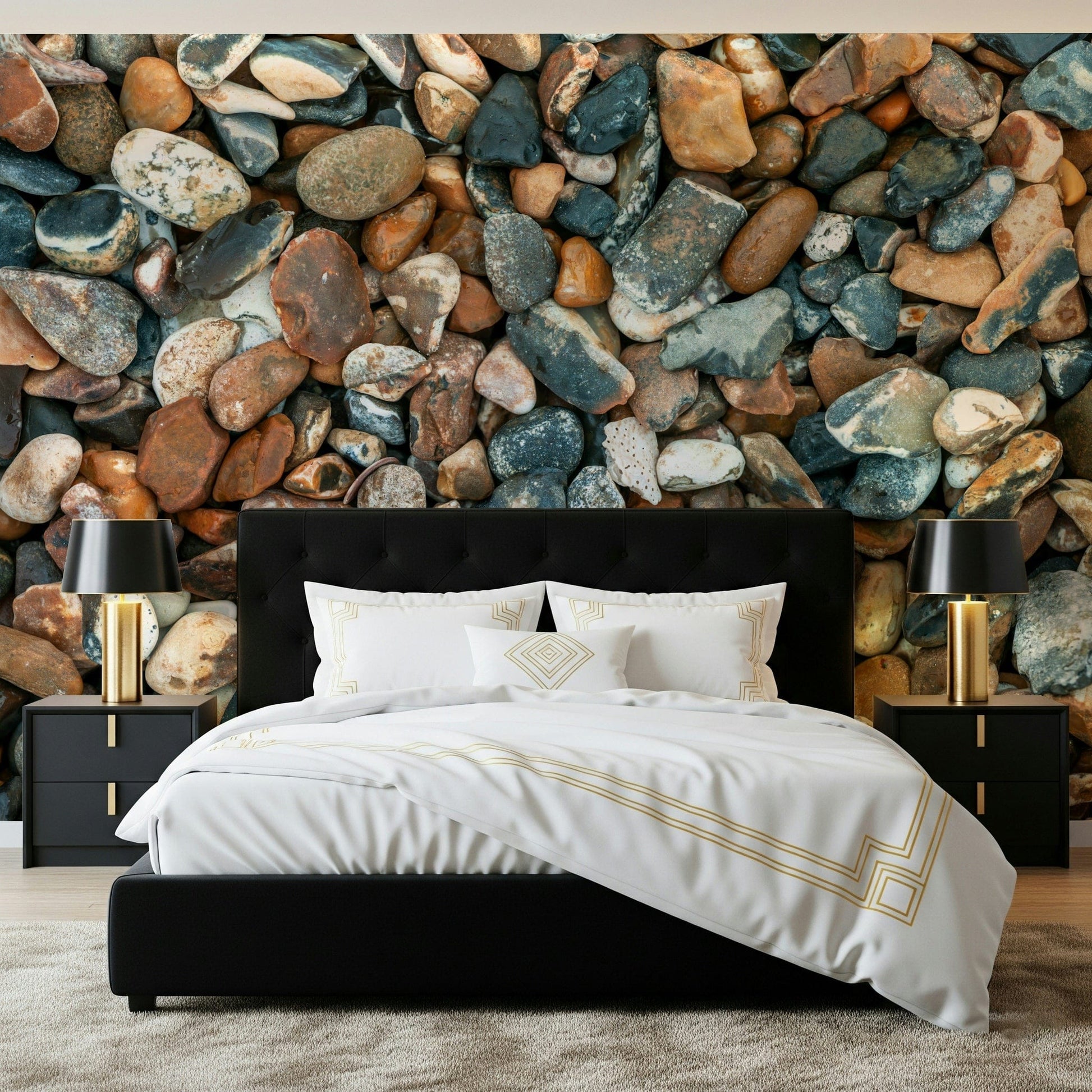 Stone detail wall mural behind white bed