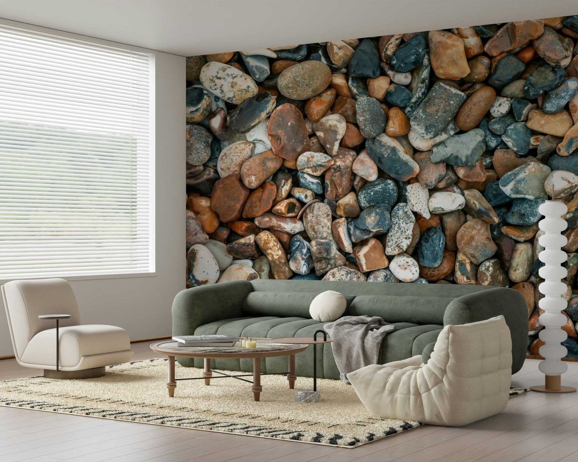 Coastal stone wall mural in modern living room