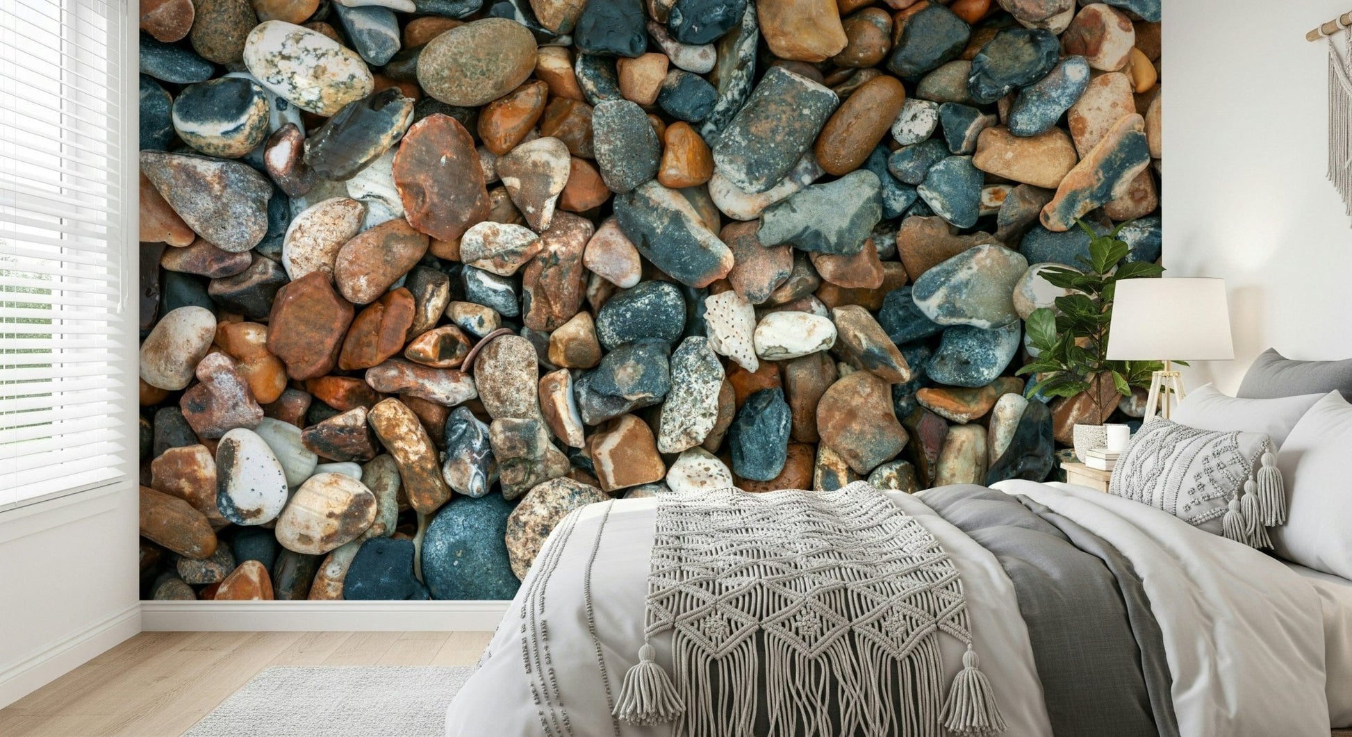 Rustic stone wall mural in cozy bedroom