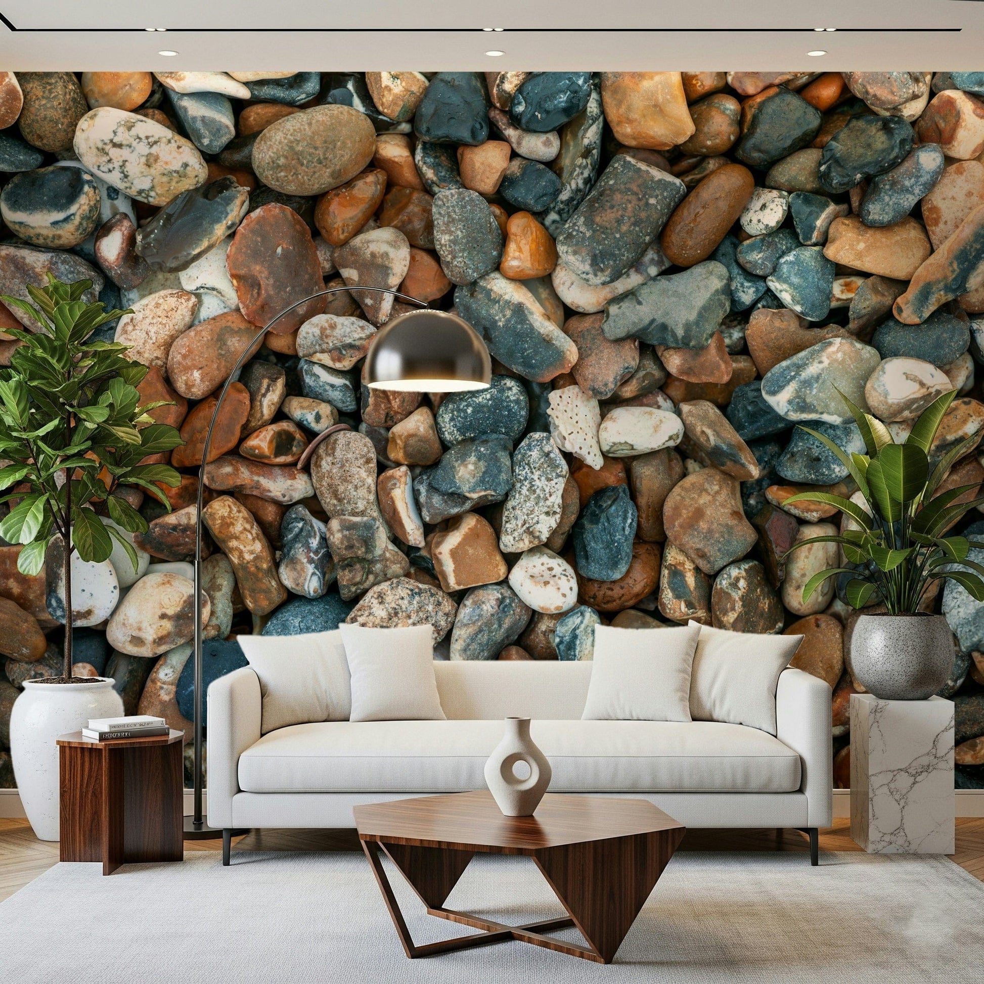 Pebble texture wall mural behind beige sofa