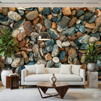 Pebble texture wall mural behind beige sofa