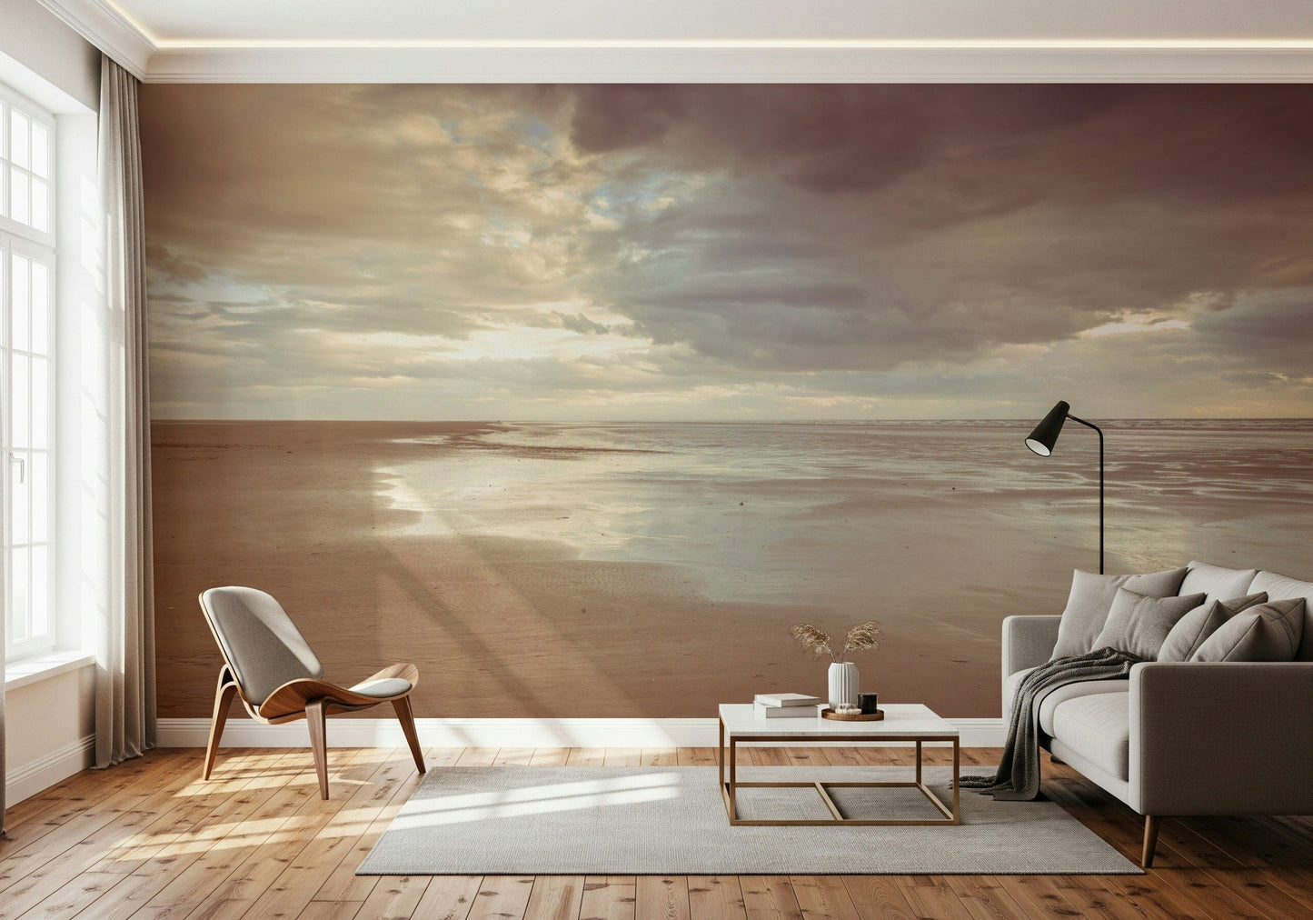 Gloomy yet peaceful beach setting on Soothing Seashore peel and stick mural