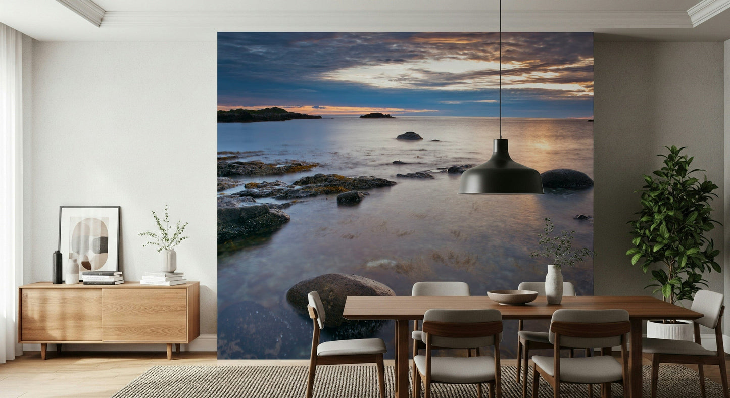 Living room wallpaper mural with beach horizon at sunset, warm color glow, modern wall decor
