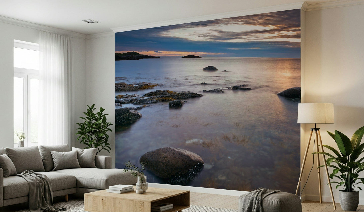 Bedroom feature wall with beach at dusk mural, soft purple and blue color tones, modern wall decor