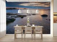Beach dusk wallpaper mural for hallway feature wall, muted blue color tones, calm background