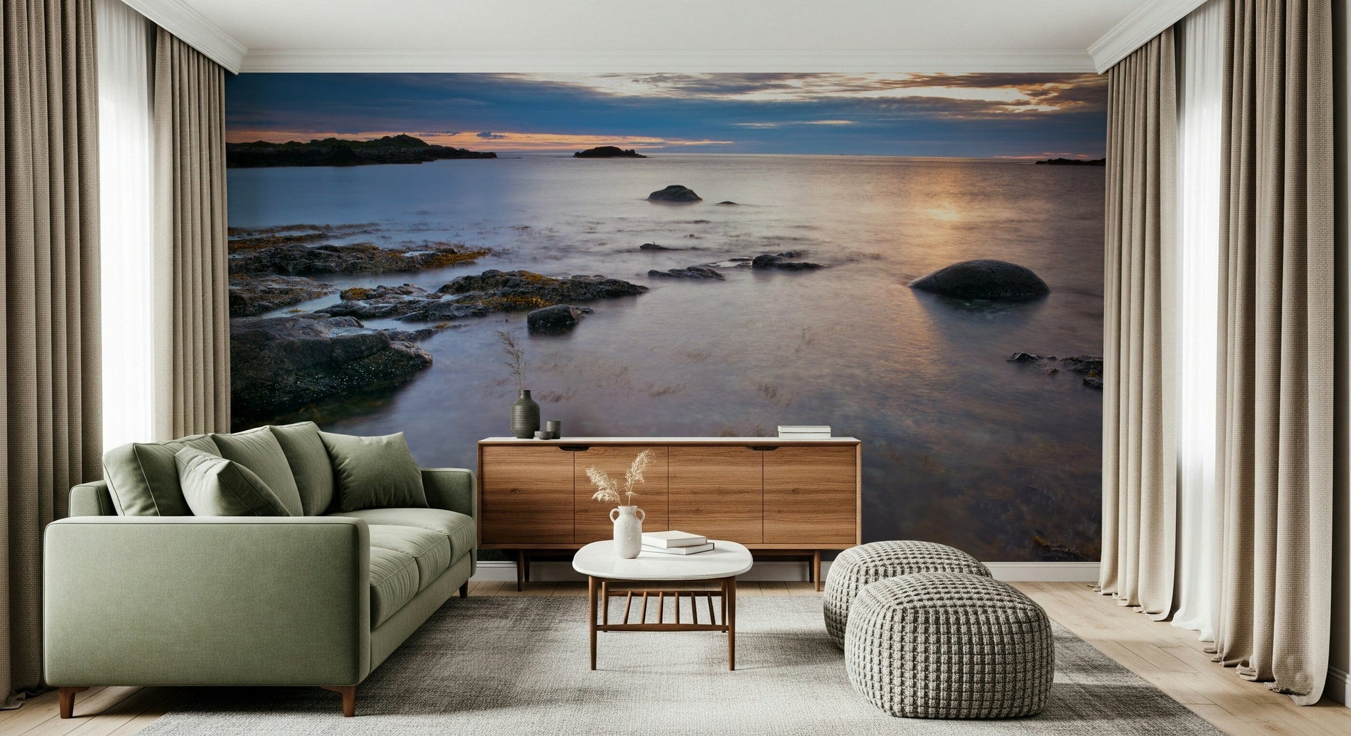 Large feature wall mural showing beach at twilight, purple-blue color sky, calm interior style