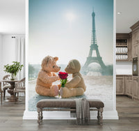 Paris Love Mural Two fuzzy companions on a romantic city adventure wallpaper.