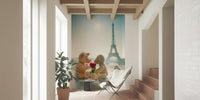 Sweet Couple Mural Toy bears sharing a flower by Eiffel Tower wallpaper.