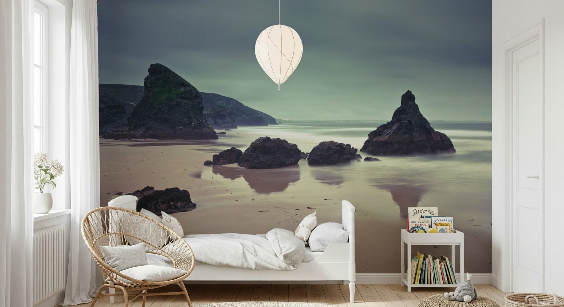 Dramatic beach rock scenery on bedroom feature wall