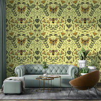 Wallpaper with a pattern of insects and plants.

