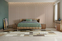 A peaceful wall mural with a modern, curved design.

