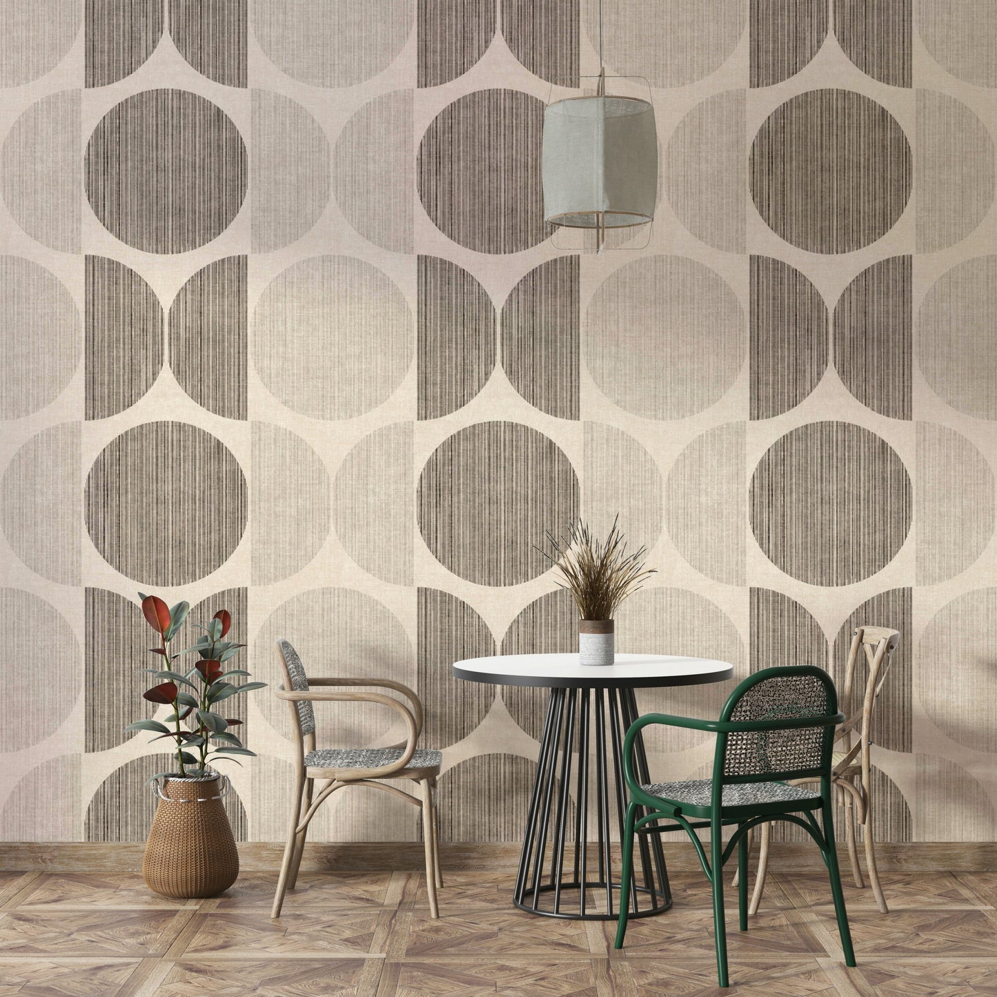 An artistic modern pattern mural on minimalist wallpaper.

