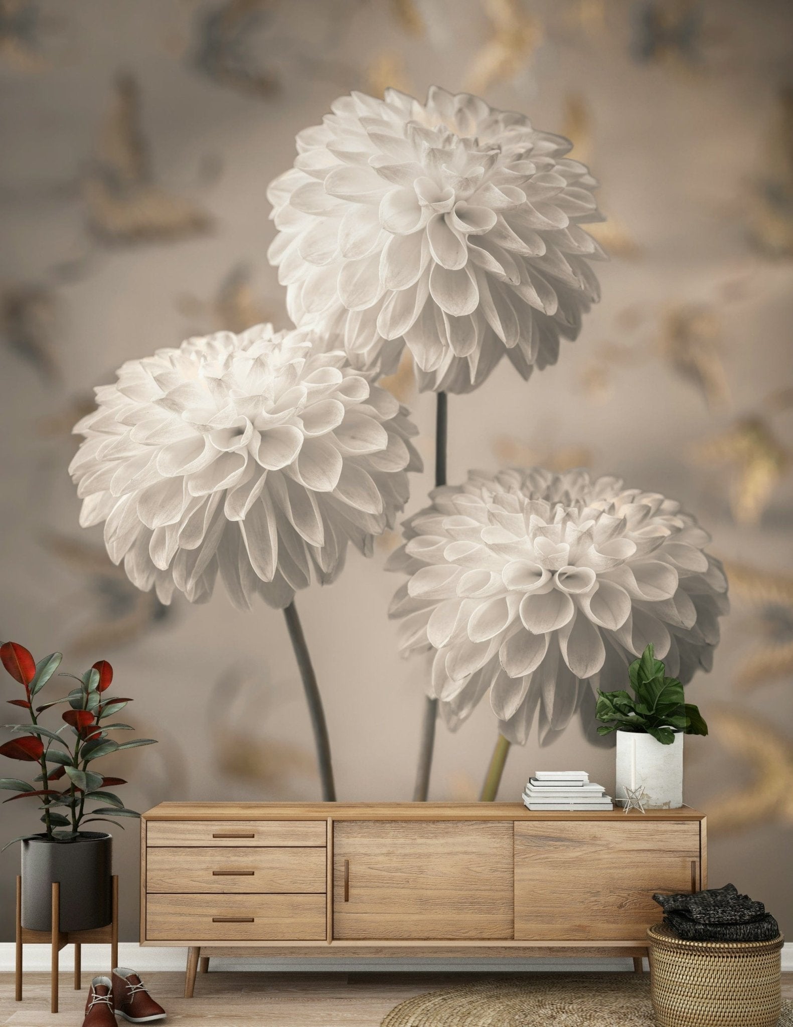 Beige Blooms peel and stick wallpaper showing textured botanicals.