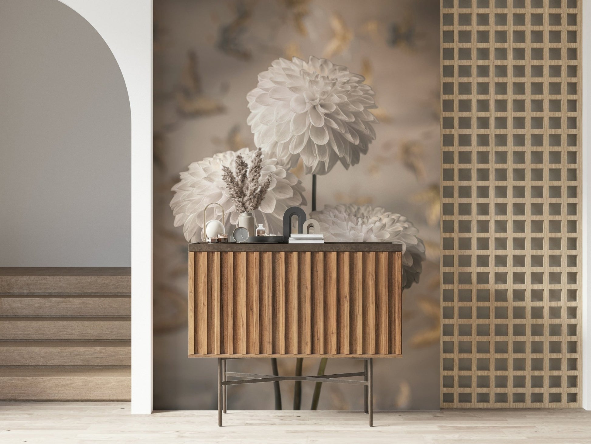 Ornate Beige Blooms wall mural featuring pompon dahlia stems.