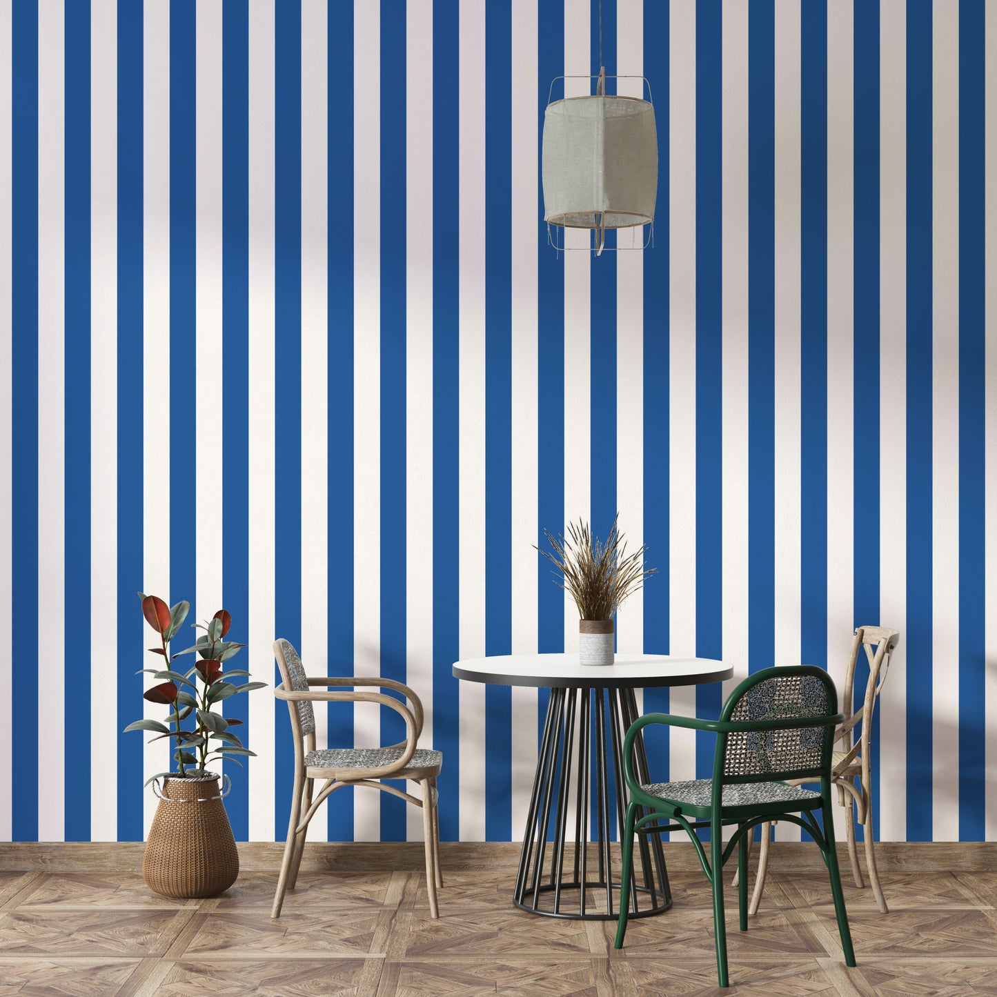 Modern room with maritime blue and beige stripes

