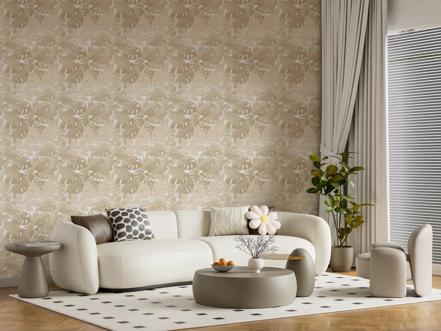 Beige Botanical Embrace wallpaper in living room with monstera leaves
