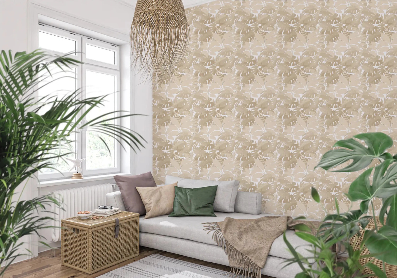 Neutral monstera leaf wallpaper with layered botanical foliage